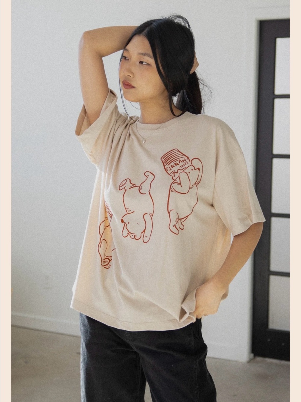 Neutral Beige Tee with Red Graphic - Casual Women's Short Sleeve